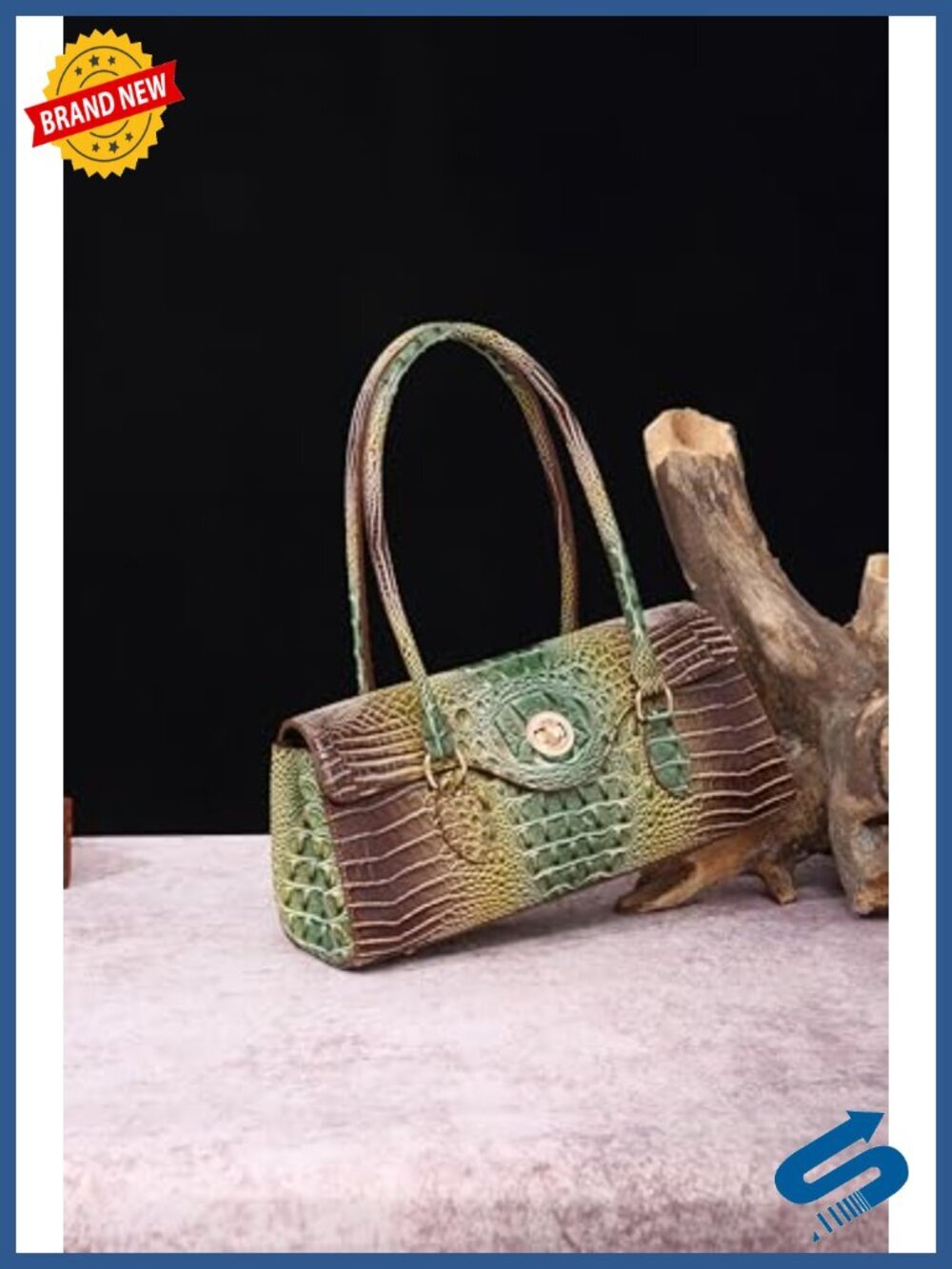 Leather Crocodile Pattern Top Handle Satchel Handbag with Detachable Strap - Picture 2 of 6